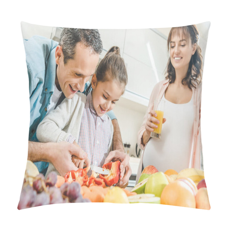 Personality  Cheerful Family, Pregnant Mother With Father Helping Daughter Slicing Pepper At Kitchen Pillow Covers