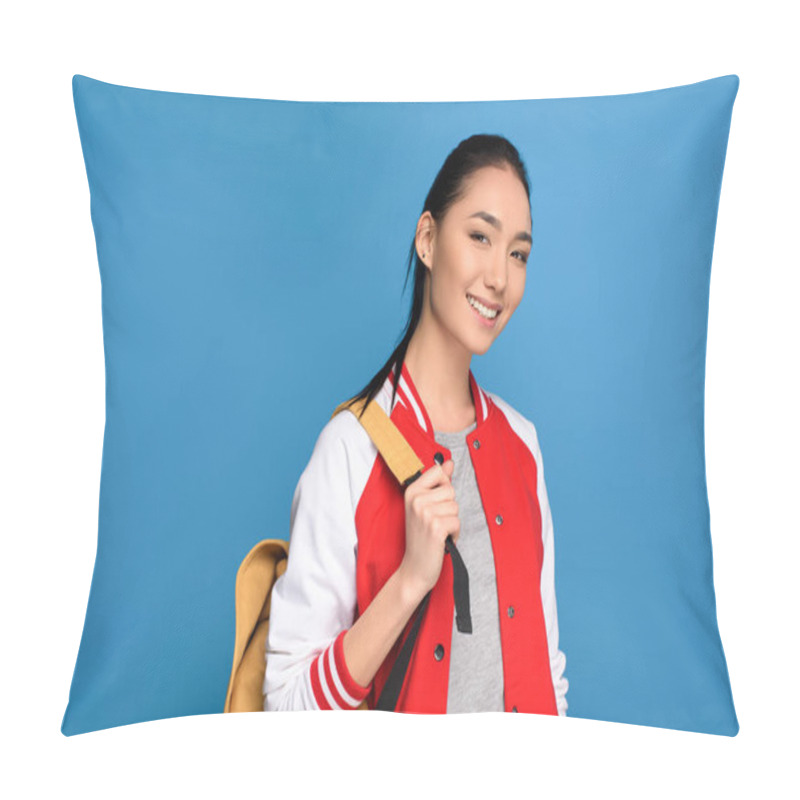 Personality  Portrait Of Smiling Asian Student With Backpack Isolated On Blue Pillow Covers