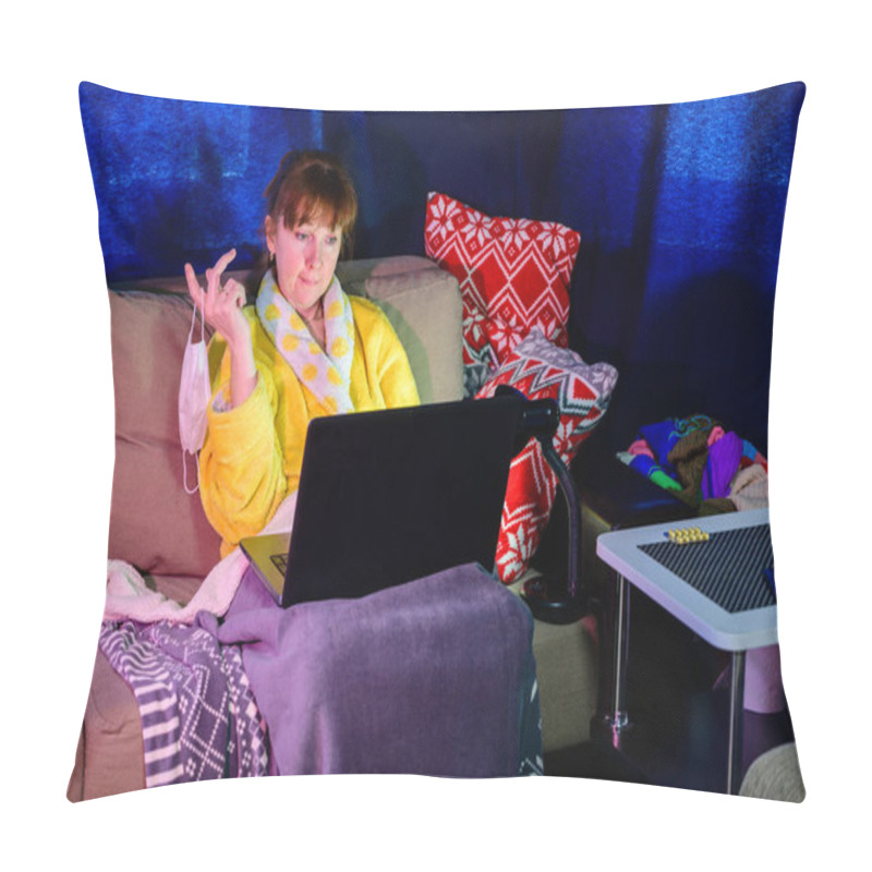 Personality  Photo Of A Woman At Home In Quarantine With Coronavirus On The Couch. The Model Uses A Laptop Pillow Covers