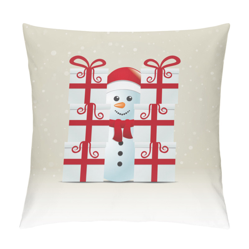 Personality  Snowman Behind Gift Stack Snowy Winter Background Pillow Covers