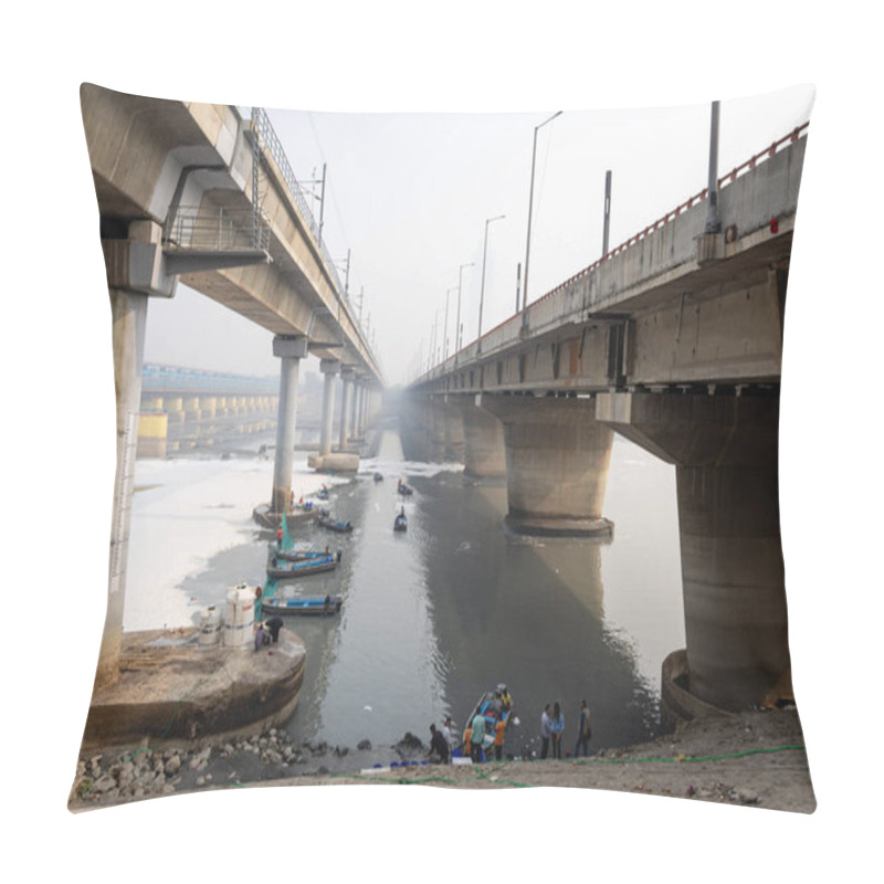 Personality  Modern Road Bridge Spanning Contaminated River With Toxic Foam And Workers Boat At Misty Morning Video Is Taken At Yamuna River Okhla Barrage Delhi India On Nov 04 2024. Pillow Covers