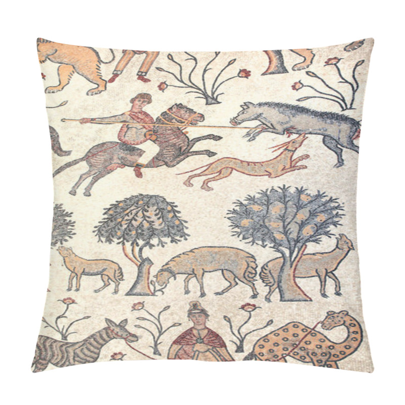 Personality  Ancient Byzantine Natural Stone Tile Mosaics With A Image Of Hunting On Wild Animals, Mount Nebo, Jordan, Middle East Pillow Covers