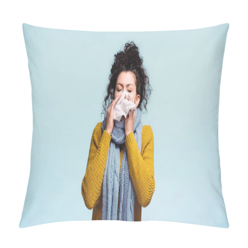 Personality  Diseased Woman In Warm Sweater And Scarf Sneezing In Paper Napkin Isolated On Blue Pillow Covers