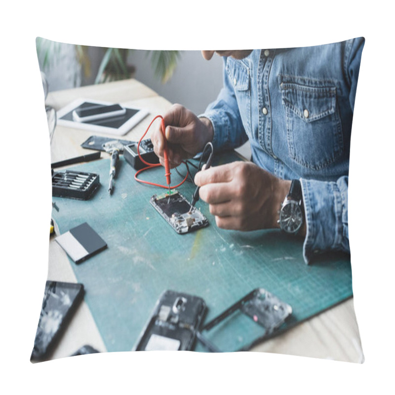 Personality  Cropped View Of Repairman Holding Sensors Of Multimeter On Disassembled Part Of Mobile Phone On Table  Pillow Covers