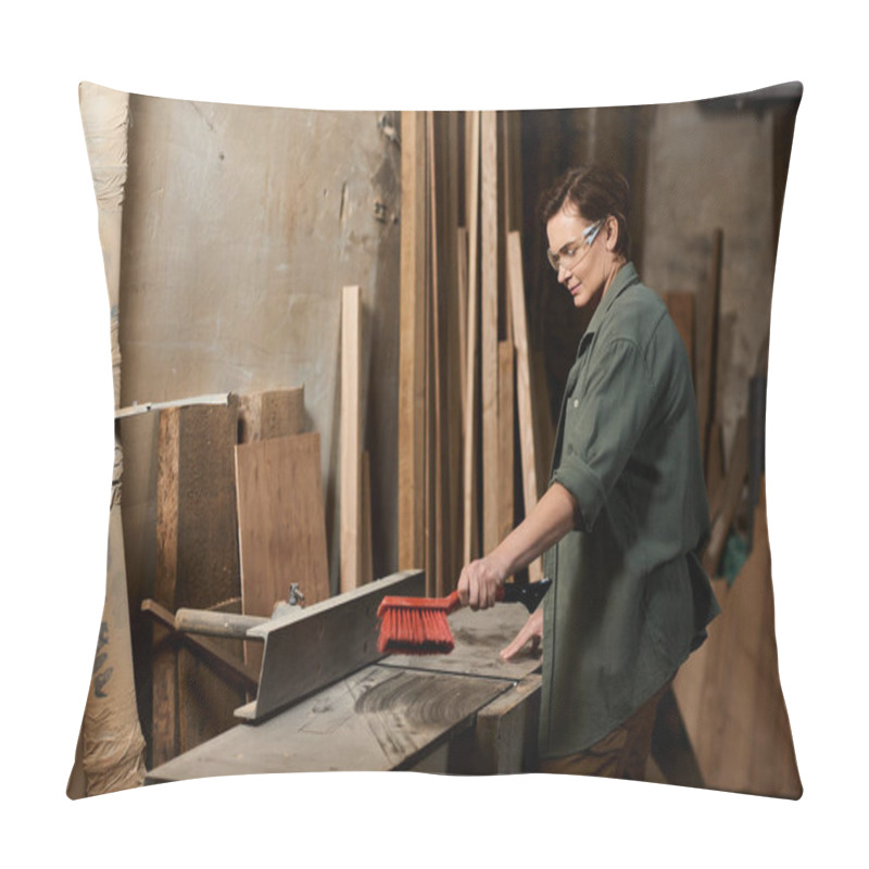 Personality  A Talented Female Carpenter Focuses On Her Craft, Working Diligently With Wood In A Well-lit Workshop. Pillow Covers