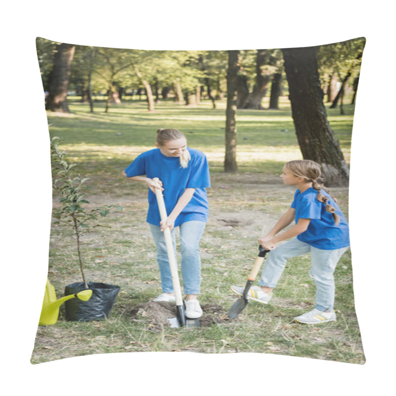 Personality  Daughter And Mother Digging Ground With Shovels Near Watering Can And Young Tree, Ecology Concept Pillow Covers