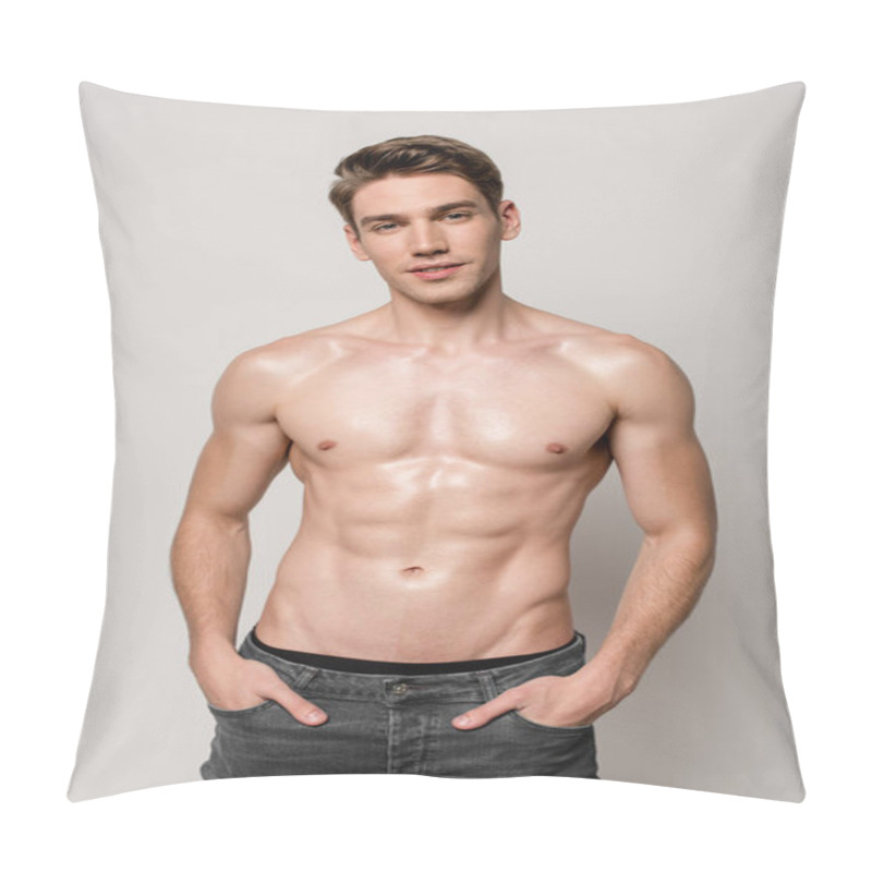 Personality  Sexy Man With Muscular Torso And Hands In Pockets Isolated On Grey Pillow Covers