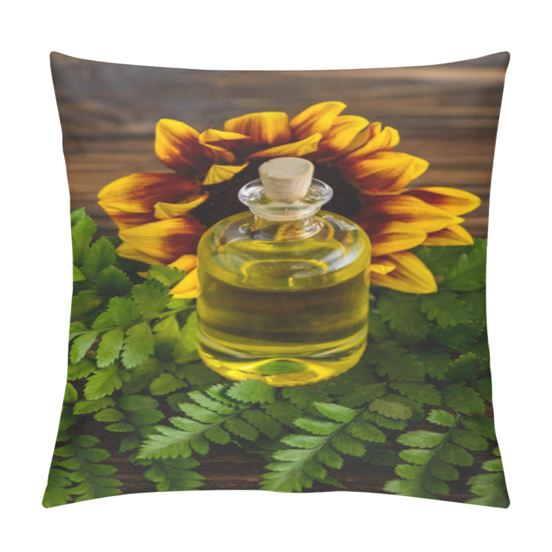 Personality  Fern Leaves, Sunflower And Corked Bottle With Essential Oil On Wooden Surface Pillow Covers