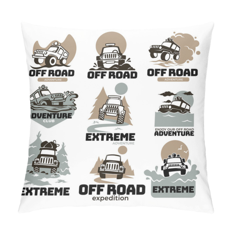 Personality  Extreme Adventures And Expedition, Off Road Traveling On Massive Cars. Labels And Emblems With Automobiles And Dirty, Outdoors Summer Activities And Active Hobbies, Competition. Vector In Flat Style Pillow Covers