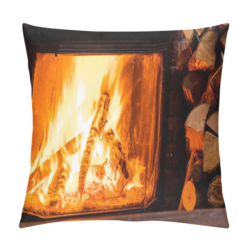 Personality  Wooden Table Top And Burning Warm Fire At The Background. Pillow Covers