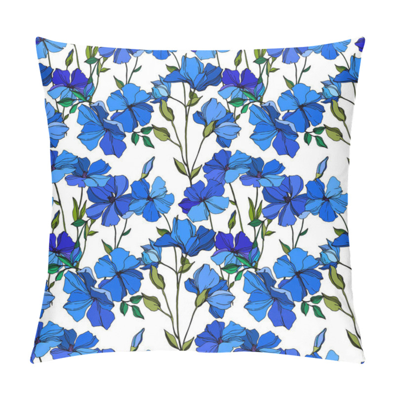 Personality  Vector Flax Floral Botanical Flowers. Blue And Green Engraved Ink Art. Seamless Background Pattern. Pillow Covers