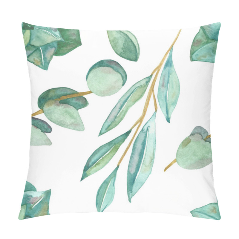 Personality  Watercolor Hand Painted Nature Plants Seamless Pattern With Different Green Eucalyptus Leaves On Brown Branches, Trendy Print For Design Elements, Textile And Wallpapers Pillow Covers