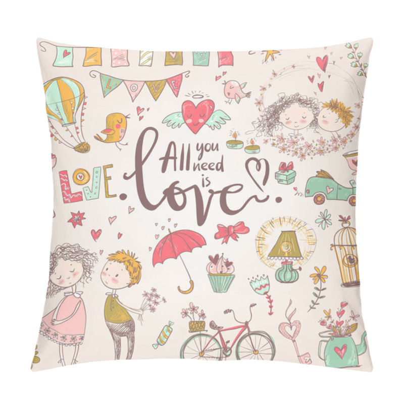 Personality  Cute Fall In Love Illustration. Nice Romantic Isolated Elements. Flowers, Couples, Gifts, Decorations And Romantic Atmosphere Things. Vector Illustration. Pillow Covers