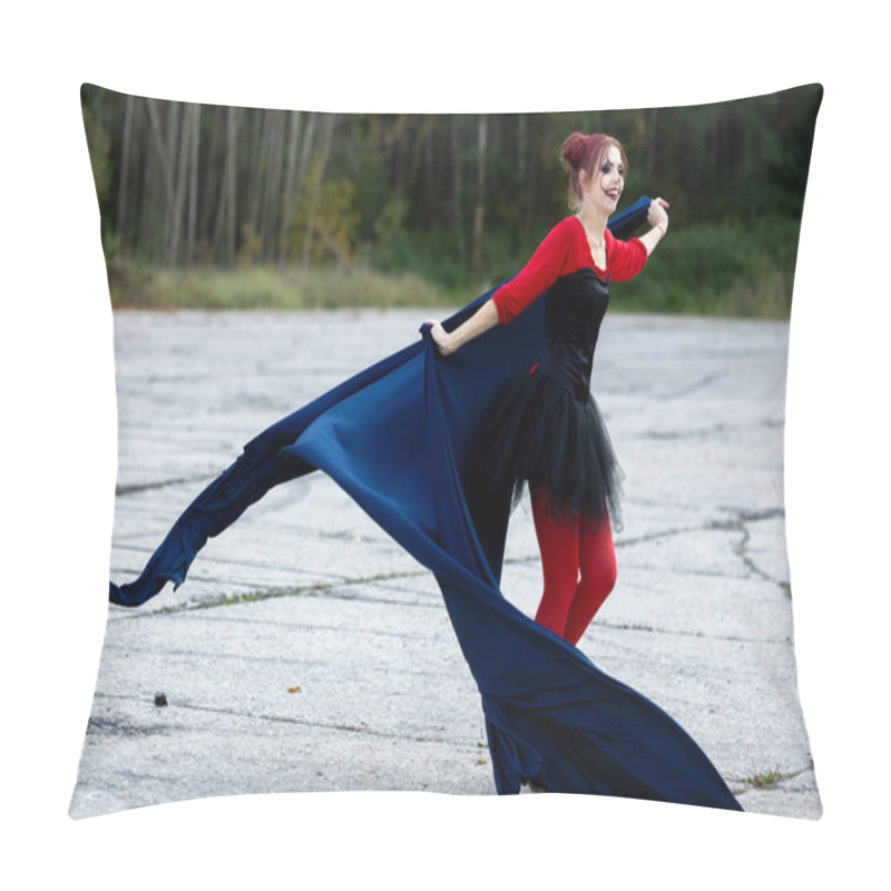 Personality  A Cheerful, Beautiful Young Woman In Motion, Wearing Red And Black Clothes With A Blue Cape: A Play Of Colors And Halloween Fun Pillow Covers