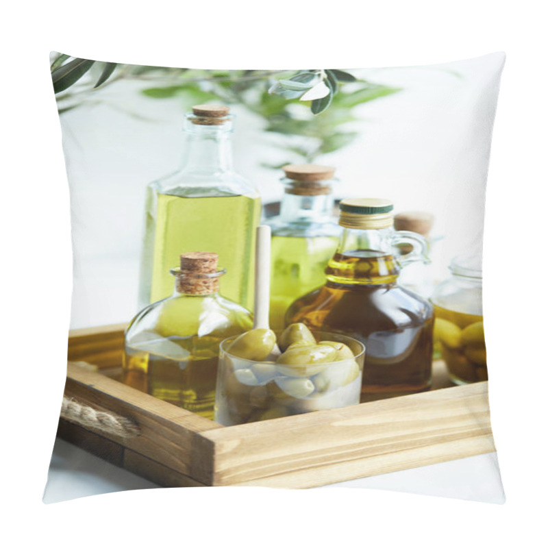 Personality  Glass With Spoon And Olives, Jar, Various Bottles Of Aromatic Olive Oil With And Branches On Wooden Tray Pillow Covers