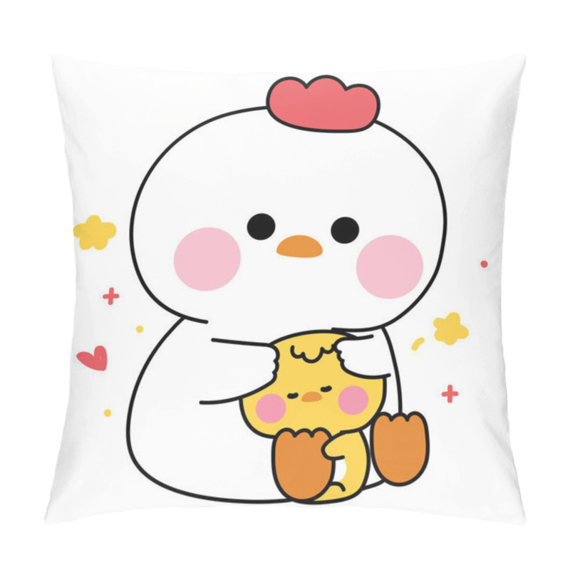 Personality  Cute Hen Doll Hug Tiny Chicken With Heart And Star.Farm Bird Animal Character Cartoon Design.Image For Sticker,baby Clothing,stationary.Kawaii.Vector.Illustration. Pillow Covers