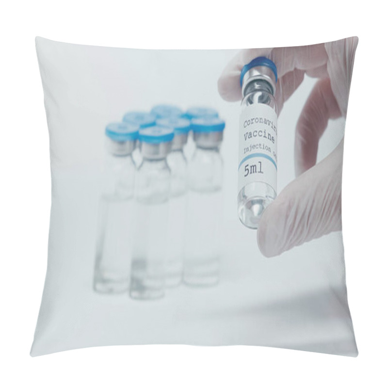 Personality  Cropped View Of Person Taking Bottle With Coronavirus Vaccine Liquid On White  Pillow Covers