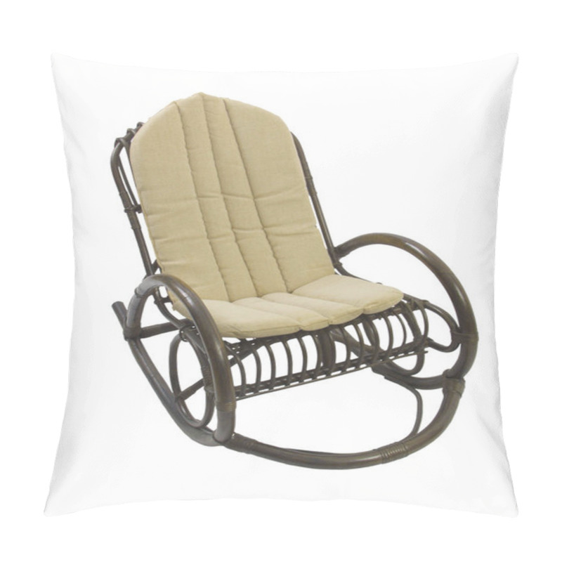 Personality  Rocking Chair Made Of Dark Rattan With Bright Textile Pad Against White Background Pillow Covers