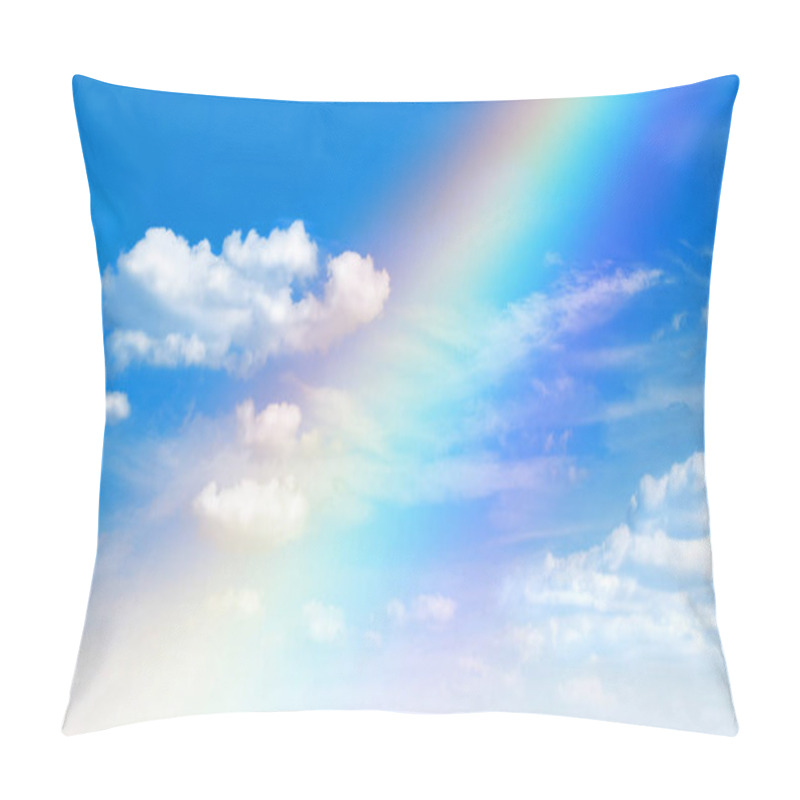 Personality  Sunny Day Background, Blue Sky With White Cumulus Clouds And Rainbow, Natural Summer Or Spring Background With Perfect Hot Day Weather Illustration. Pillow Covers