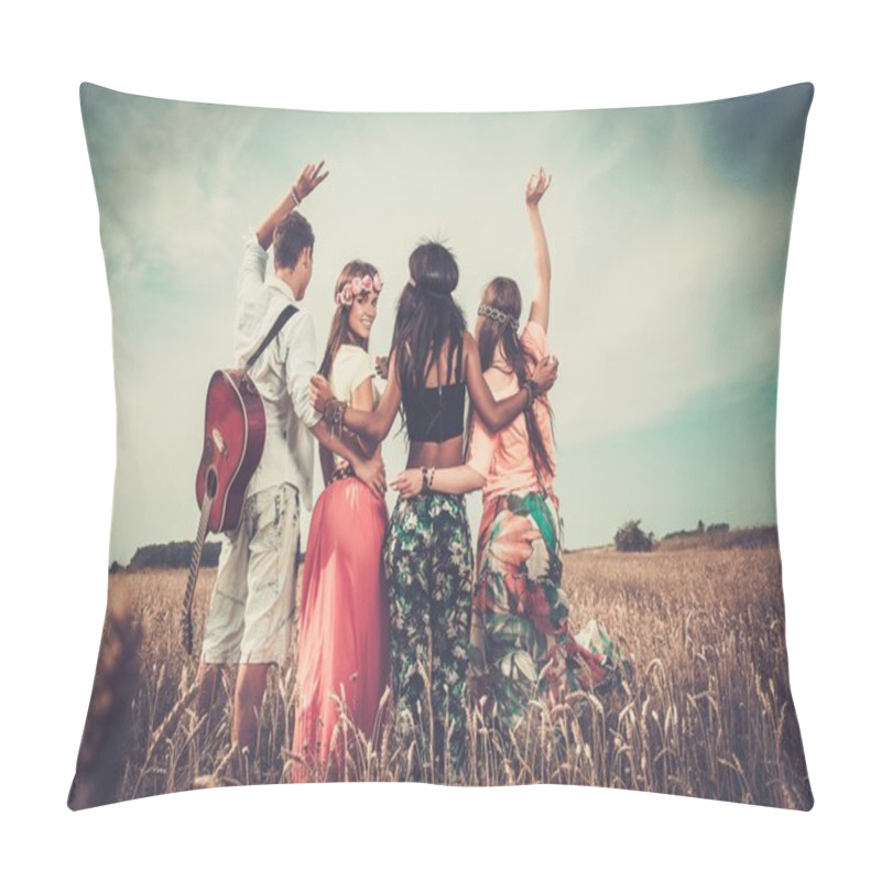 Personality  Multi-ethnic Hippie Friends With Guitar In A Wheat Field  Pillow Covers