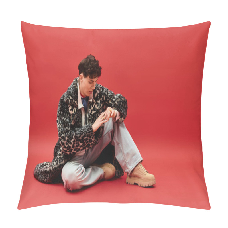 Personality  Stylish Gentleman In A Chic Coat Sits Thoughtfully On The Ground, Showcasing His Trendy Outfit. Pillow Covers