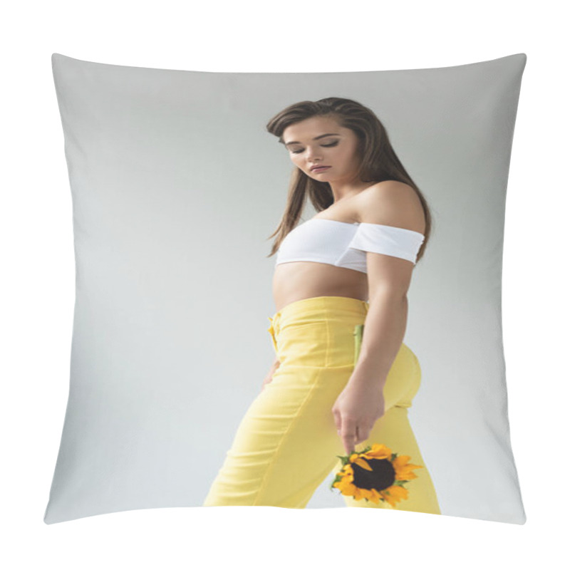 Personality  Side View Of Beautiful Woman In Yellow Pants Posing With Sunflower Isolated On Grey Pillow Covers