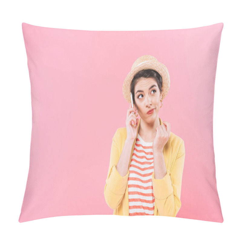 Personality  Skeptical Mixed Race Woman In Straw Hat Looking Away Isolated On Pink Pillow Covers