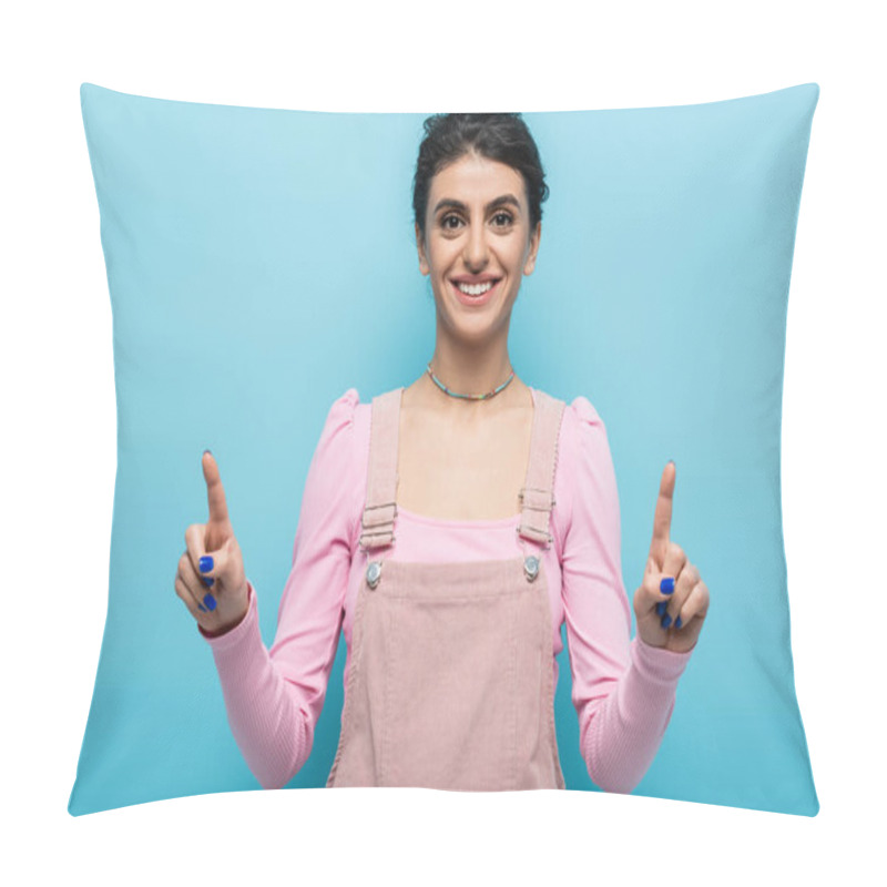 Personality  Front View Of Joyful Woman Pointing Up With Fingers Isolated On Blue Pillow Covers