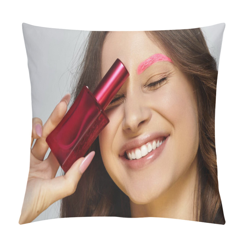 Personality  Young Woman With Pink Eyebrows Showcases Her Bold Style, Displaying Confidence And Joy. Pillow Covers