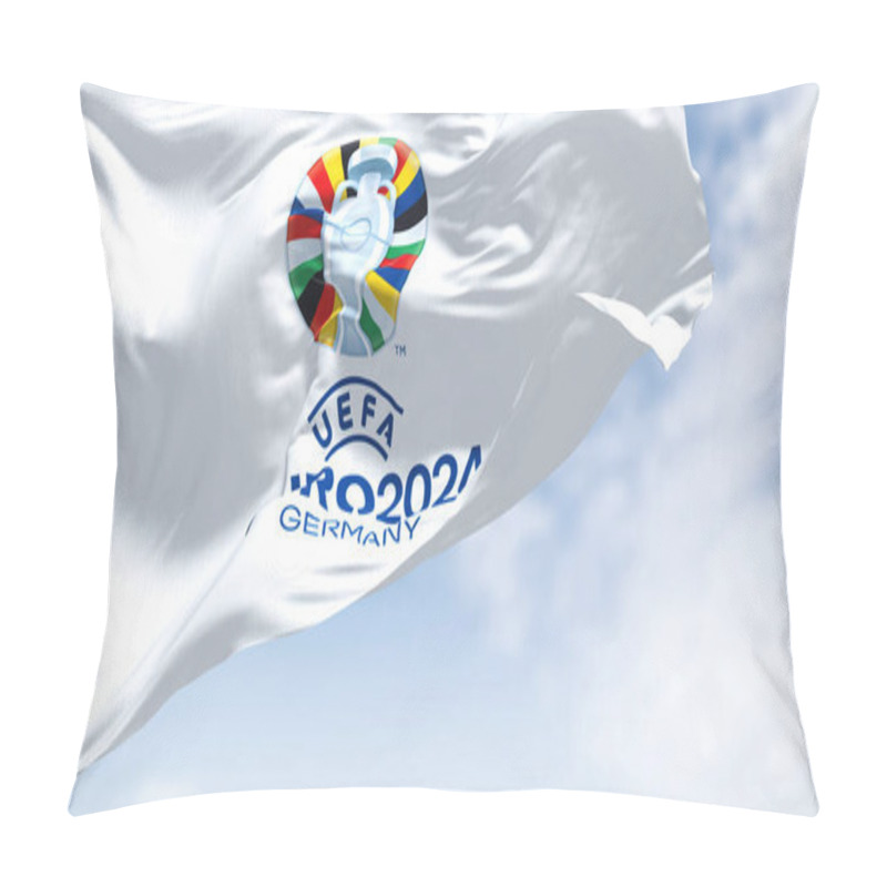 Personality  Berlin, Ger, October 2022: The Flag Of UEFA Euro 2024 Flying In The Wind. The 17th Edition Will Take Place From 14 June To 14 July 2024 In Germany. Selective Focus. International Sport Event Pillow Covers