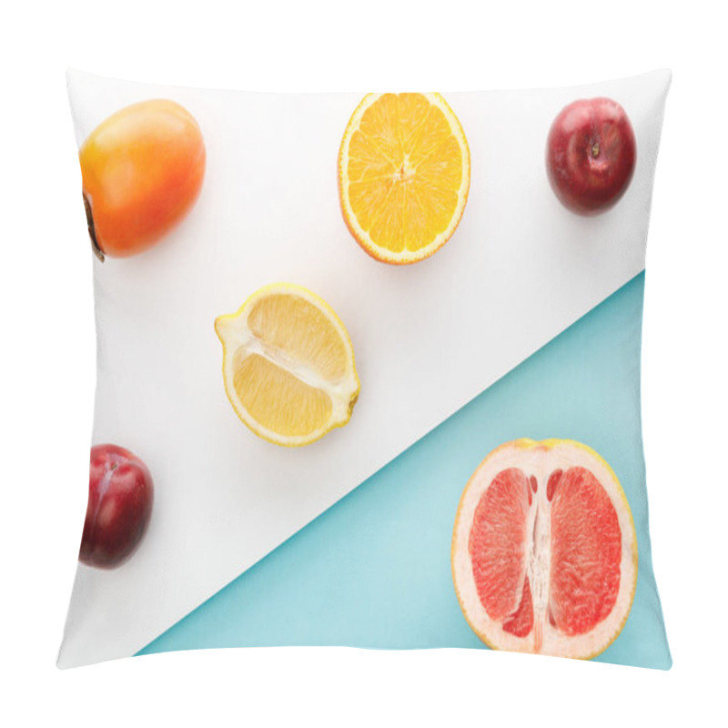 Personality  Top View Of Orange, Lemon And Grapefruit Halves With Persimmon, Apples On White And Blue Background Pillow Covers