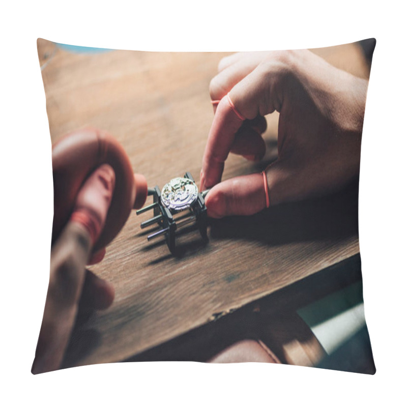 Personality  Cropped View Of Clockmaker Using Blower For Wristwatch On Movement Holder At Table Pillow Covers