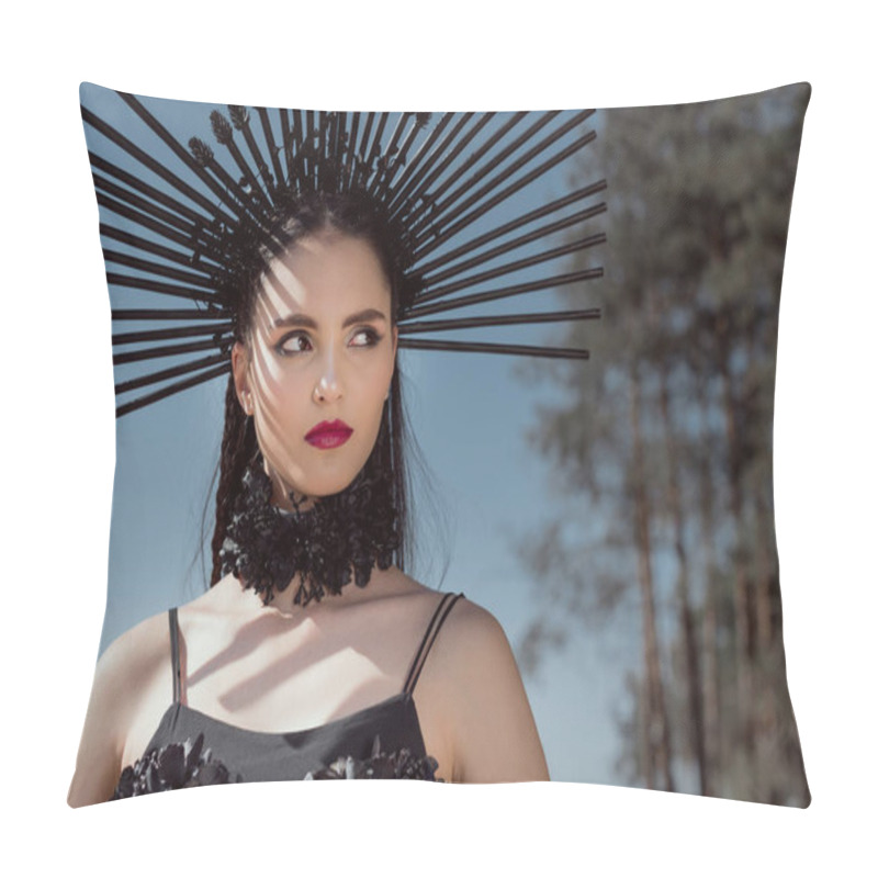 Personality  Portrait Of Beautiful Woman In Witch Costume With Crown On Head Looking Away Pillow Covers