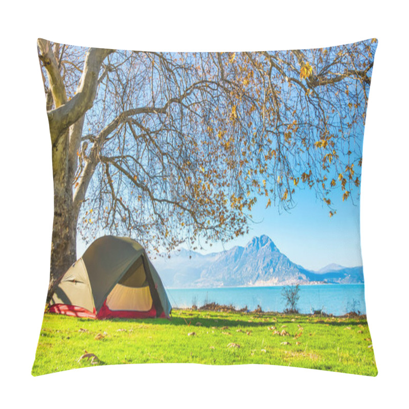 Personality  Green Tent Stands Under The Tree With Blue Lake And Mountains In The Background Landscape. Camping In Autumn. Pillow Covers