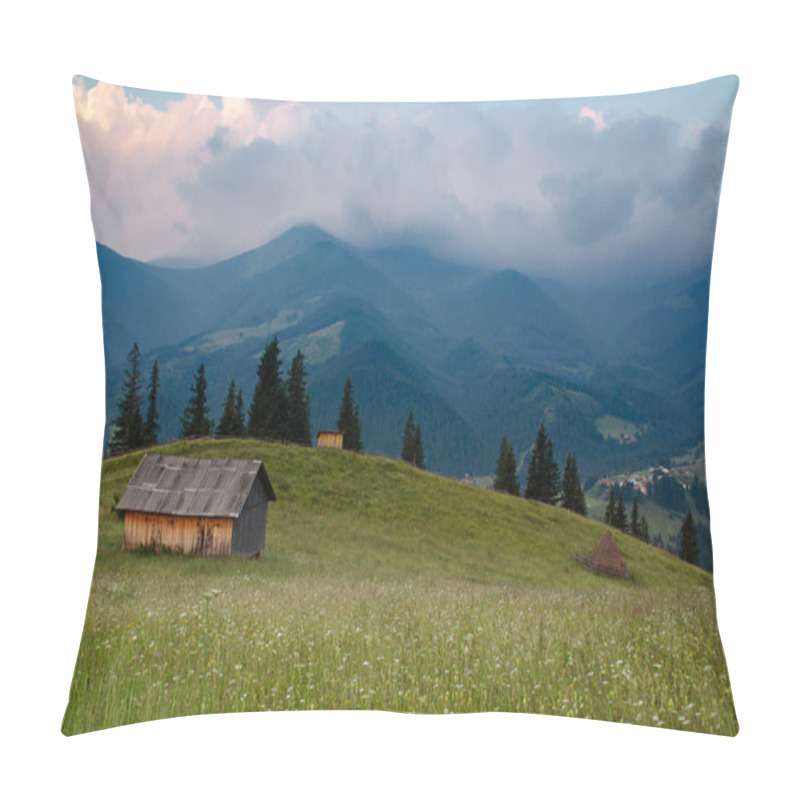 Personality  Carpathian Mountains Summer Landscape With Cloudy Sky And House, Natural Summer Travel Background. Pillow Covers