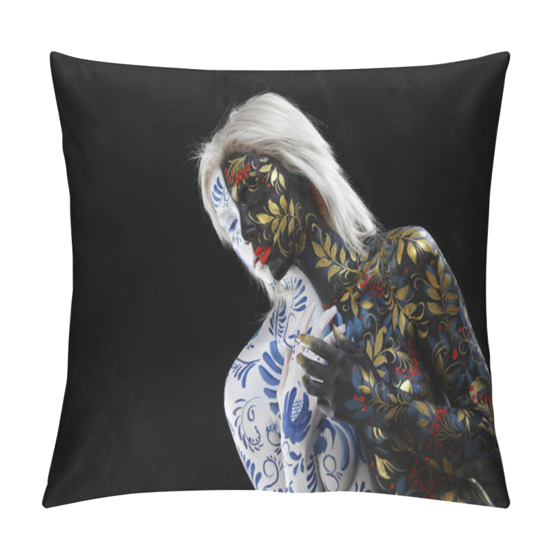 Personality  Body Art Portrait Of A Girl In The Style Of Khokhloma And Gzhel On A Black Background Studio Pillow Covers