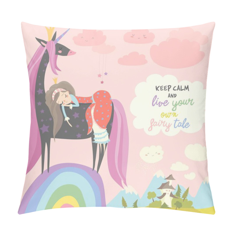 Personality  Cute Cartoon Princess With Black Unicorn.Sweet Dream Pillow Covers