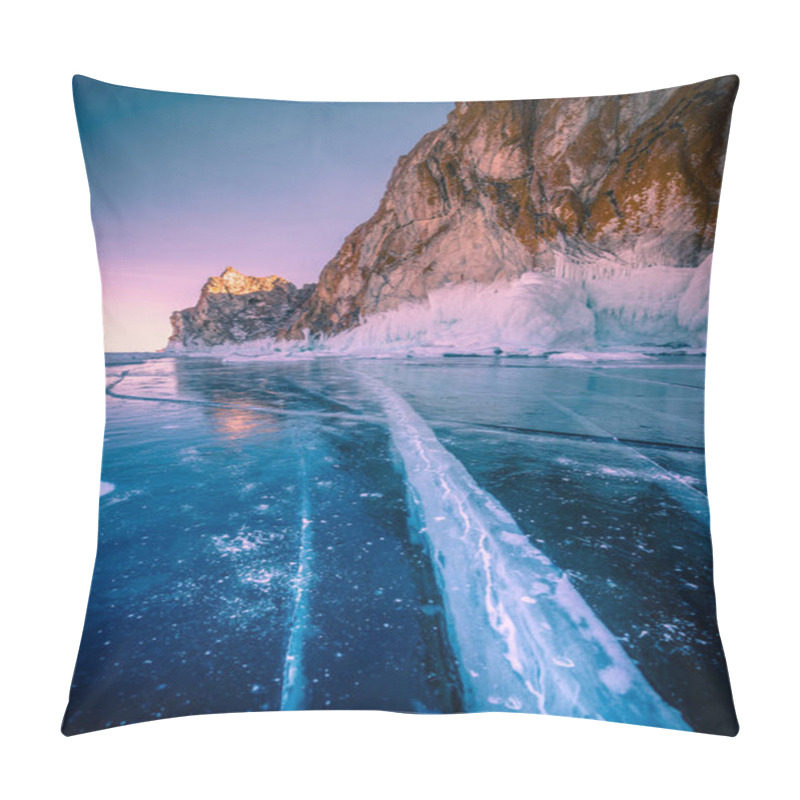 Personality  Landscape Of Mountain At Sunset With Natural Breaking Ice In Frozen Water On Lake Baikal, Siberia, Russia. Pillow Covers