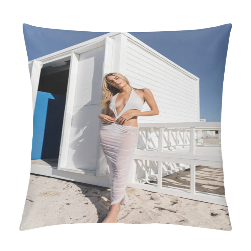 Personality  A Young And Beautiful Blonde Woman Standing Gracefully In Front Of A Pristine White Building In Miami Beach. Pillow Covers