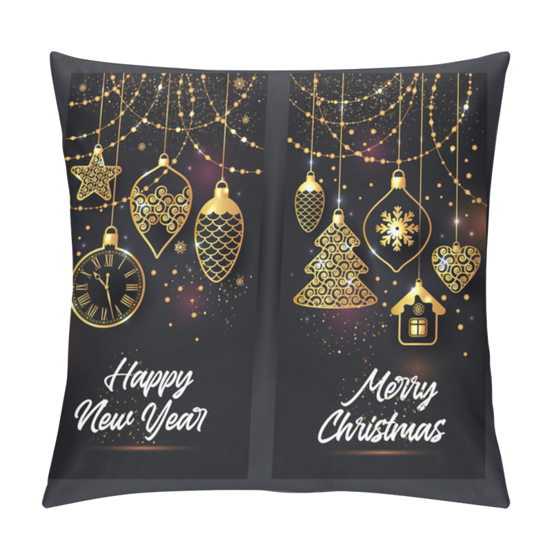 Personality  Vector Banners Illustration Of Christmas Background With Christmas Ball Star Snowflake Confetti Gold On Black Color. Pillow Covers