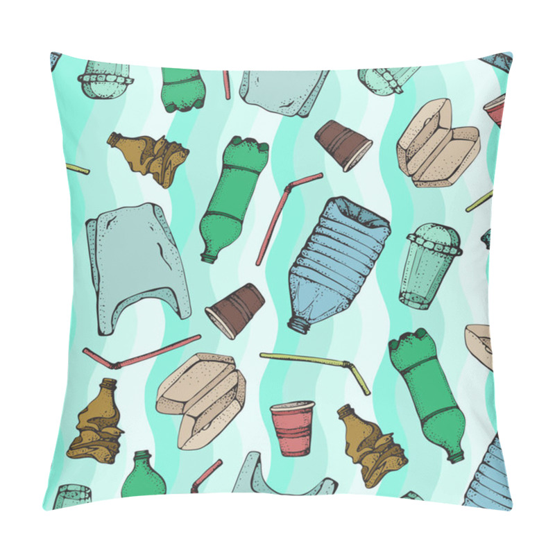 Personality  Plastic Pollution Seamless Pattern. Vector Illustration Hand Drawn Doodle Symbols Collection. Bag, Bottle, Package, Contamination, Disposable Dish, Straw. Plastic Products Recycling. Ocean Pollution Pillow Covers