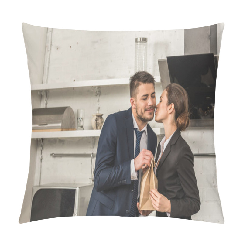 Personality  Girlfriend Giving Lunch To Boyfriend And Kissing Him In Morning At Kitchen, Social Roles Concept Pillow Covers