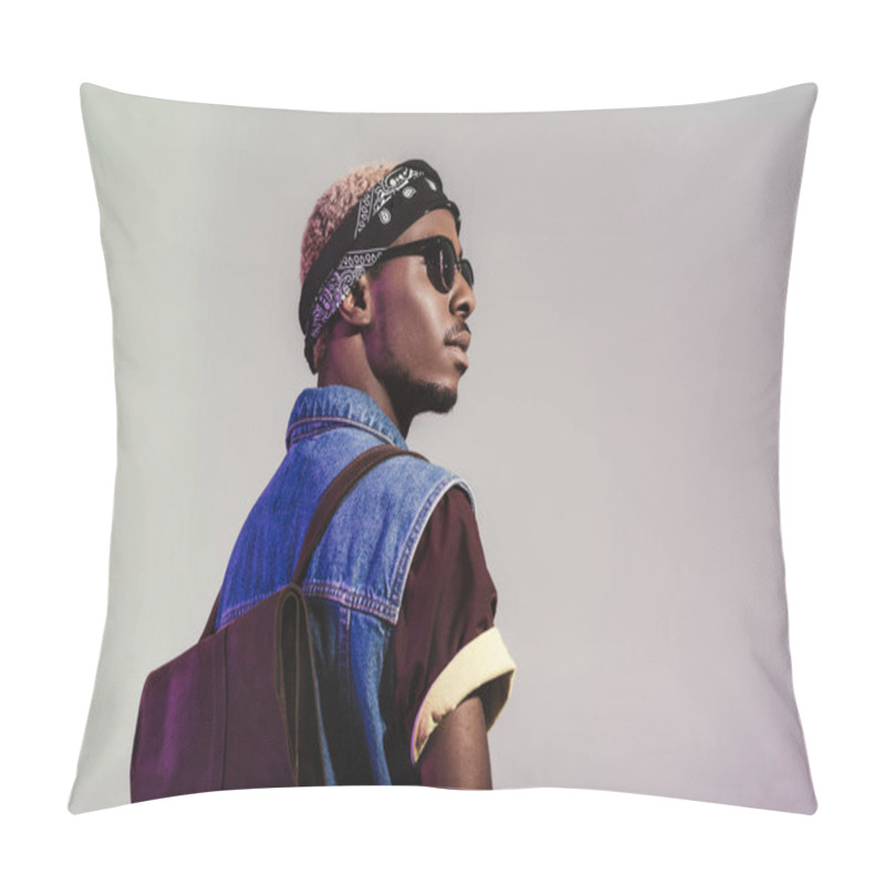 Personality  Back View Of Stylish Young African American Man In Sunglasses And Leather Backpack Looking Away Isolated On Grey Pillow Covers