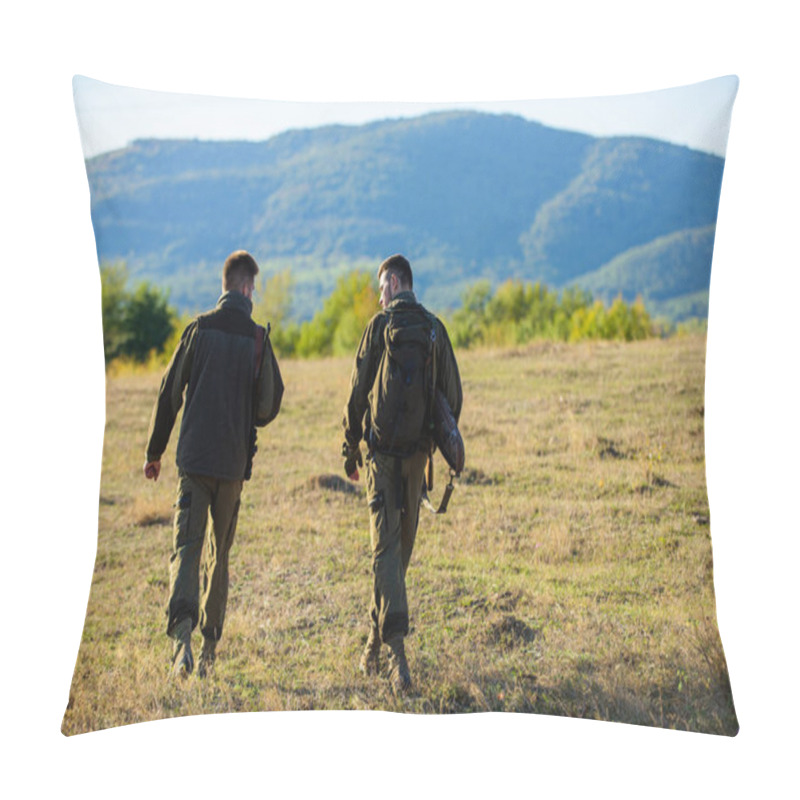 Personality  Hunters Rifles Nature Environment. Hunter Friend Enjoy Leisure. Hunting With Partner Provide Greater Measure Safety Often Fun And Rewarding. Hunters Friends Gamekeepers Walk Mountains Background Pillow Covers