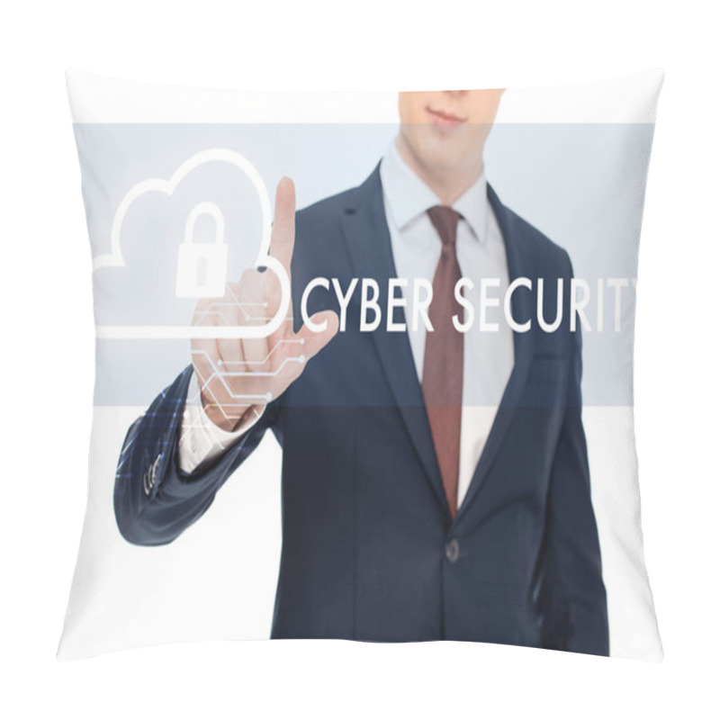 Personality  Partial View Of Businessman In Suit Pointing With Finger At Cyber Security Illustration  Pillow Covers