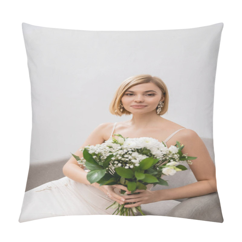 Personality  Elegant And Blonde Bride In Wedding Dress Sitting In Armchair And Holding Bouquet On Grey Background, White Flowers, Bridal Accessories, Happiness, Special Occasion, Beautiful, Feminine, Blissful  Pillow Covers