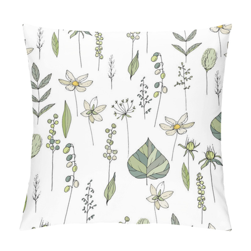 Personality  Seamless Season Pattern With Contour Wild Flowers, Herbs And Leaves. Endless Texture For Floral Summer Design With Plants Pillow Covers