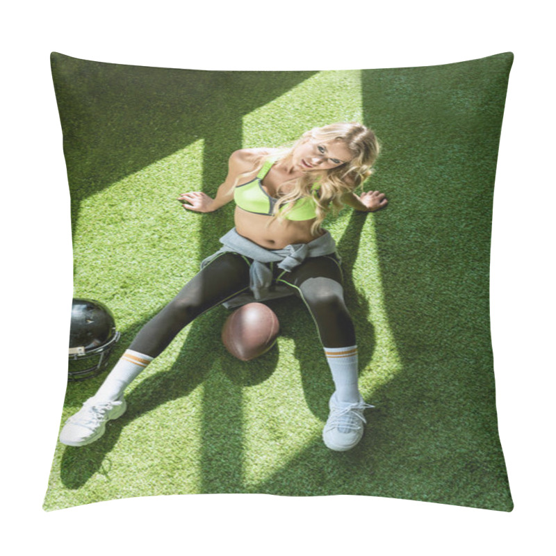 Personality  Overhead View Of Sporty Young Woman Sitting On Green Grass With American Football Ball And Helmet Pillow Covers