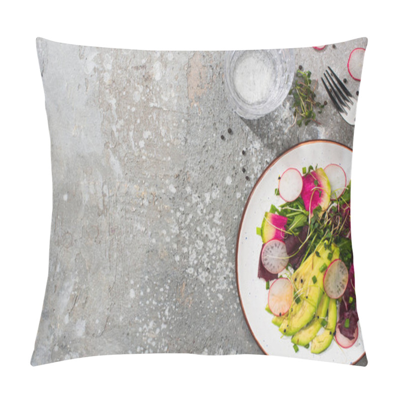 Personality  Top View Of Fresh Radish Salad With Greens And Avocado Near Fork And Water On Grey Concrete Surface Pillow Covers