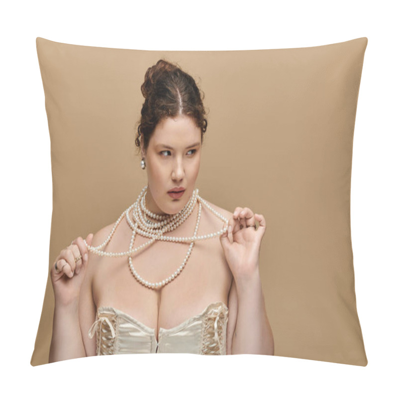 Personality  A Stunning Plus Size Woman Wears Pearls And Exudes Elegance In A Minimalist Backdrop. Pillow Covers